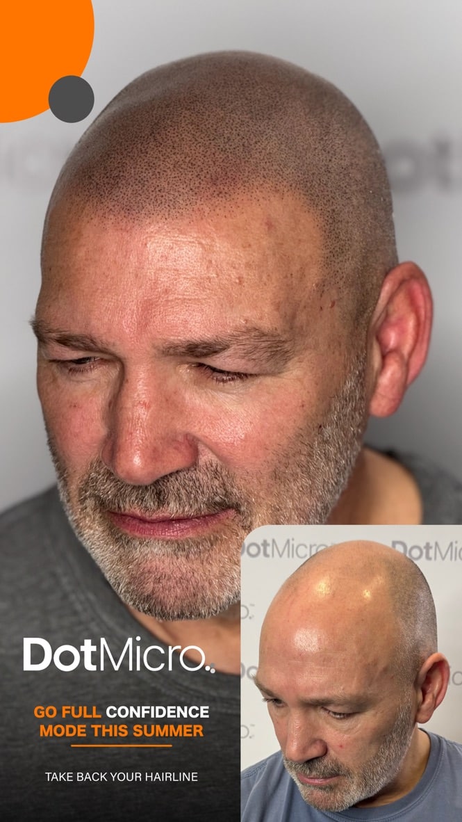 Shaved scalp micropigmentation with consistent dot pattern and natural scalp coverage