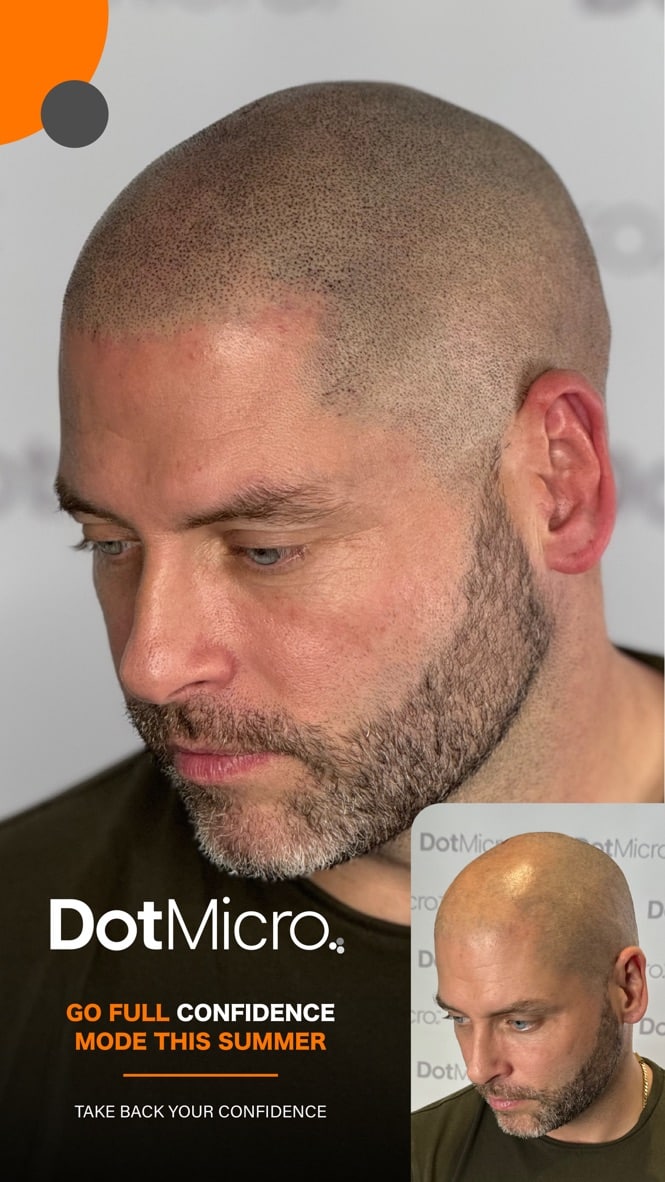 Shaved scalp micropigmentation with even dot distribution and smooth scalp coverage