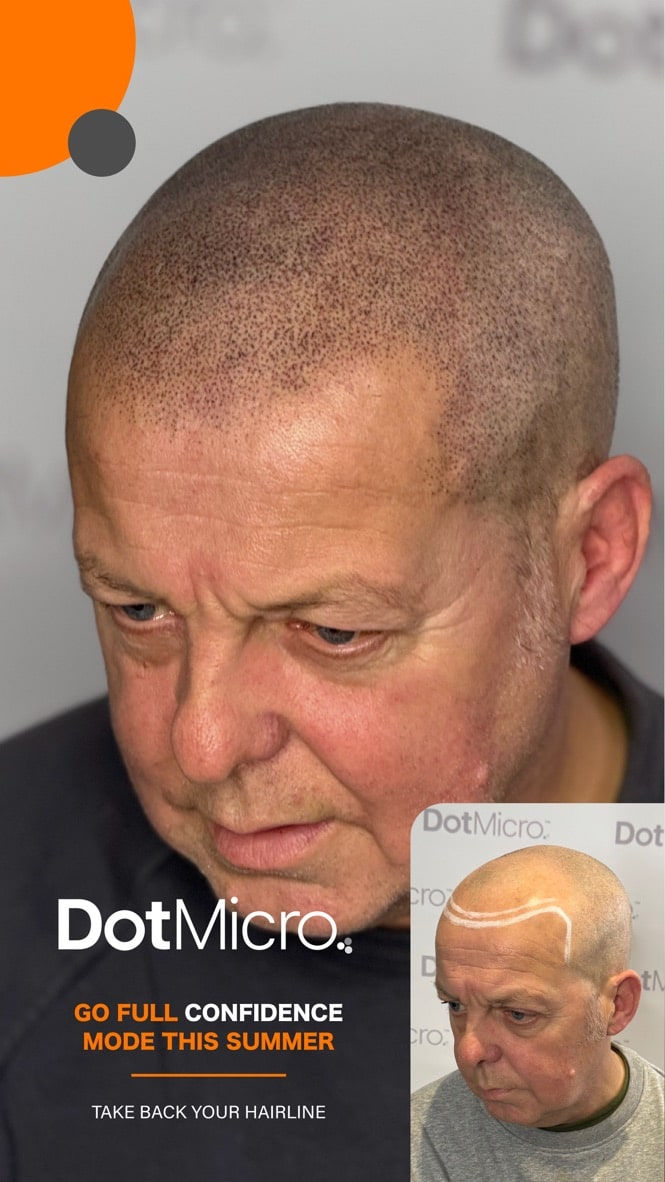 Shaved scalp micropigmentation showing dense dot placement across the frontal scalp