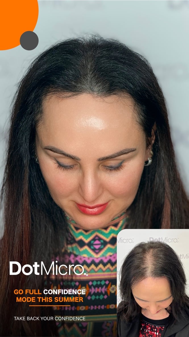 Female scalp micropigmentation for thinning hair showing improved hair density along the parting